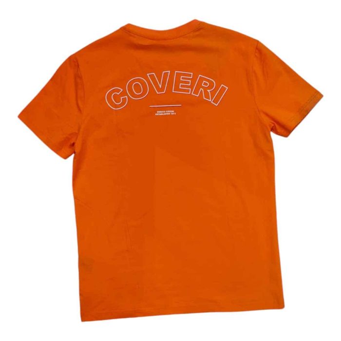 559 152 B rotated | The Enrico Coveri Mini Metal Logo T-Shirt in Orange brings vibrant color and refined style together, crafted from high-quality cotton that feels soft and breathable for all-day comfort. Featuring a sleek mini metal logo on the chest, this T-shirt subtly highlights the brand's sophistication while enhancing its bold, standout orange shade, making it a versatile choice for casual and smart-casual looks alike. With a modern slim fit that flatters the body while allowing freedom of movement, this T-shirt perfectly captures Enrico Coveri’s dedication to both quality and contemporary Italian design.