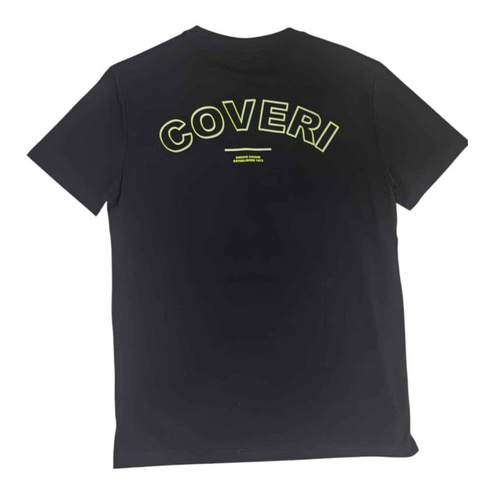 559 153 B rotated | The Enrico Coveri Mini Metal Logo T-Shirt in Black is a timeless wardrobe essential that effortlessly combines style and comfort, crafted from high-quality cotton for a soft and breathable fit. Featuring a discreet mini metal logo on the chest, this T-shirt adds a touch of sophistication to its classic black design, making it versatile enough to dress up for a night out or keep casual for everyday wear. With its modern slim fit that flatters the body while allowing freedom of movement, this T-shirt exemplifies Enrico Coveri's commitment to refined Italian craftsmanship and contemporary fashion.