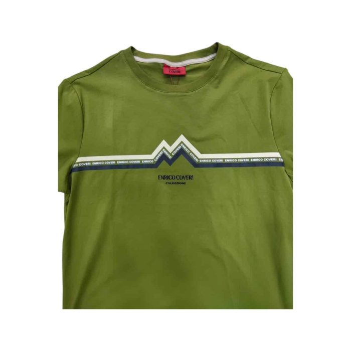 559 71 C rotated | The <strong>Enrico Coveri T-Shirt with Zig-Zag Stripe Print in Green</strong> features a vibrant and dynamic design that captures attention with its bold zig-zag stripes, offering a refreshing twist on the classic tee. Made from high-quality, breathable fabric, this shirt ensures all-day comfort while maintaining a stylish fit, making it perfect for various occasions, from casual outings to relaxed gatherings. With its lively color palette and unique pattern, this t-shirt effortlessly combines modern aesthetics with versatility, allowing you to express your personality and style with ease.