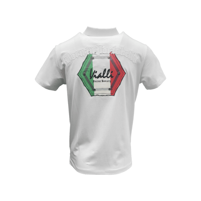 941 22A | The Vialli Golfer Idrray in White , Red and Green S/S combines classic design with a modern slim fit, making it a versatile addition to any wardrobe. Crafted from high-quality materials, this polo ensures both comfort and style for any occasion.