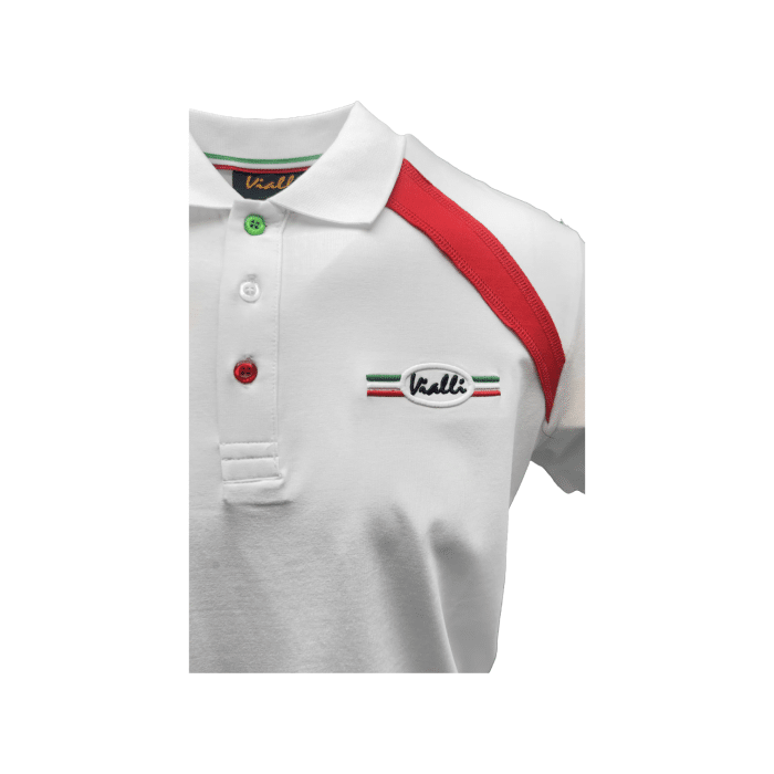 941 22B | The Vialli Golfer Idrray in White , Red and Green S/S combines classic design with a modern slim fit, making it a versatile addition to any wardrobe. Crafted from high-quality materials, this polo ensures both comfort and style for any occasion.