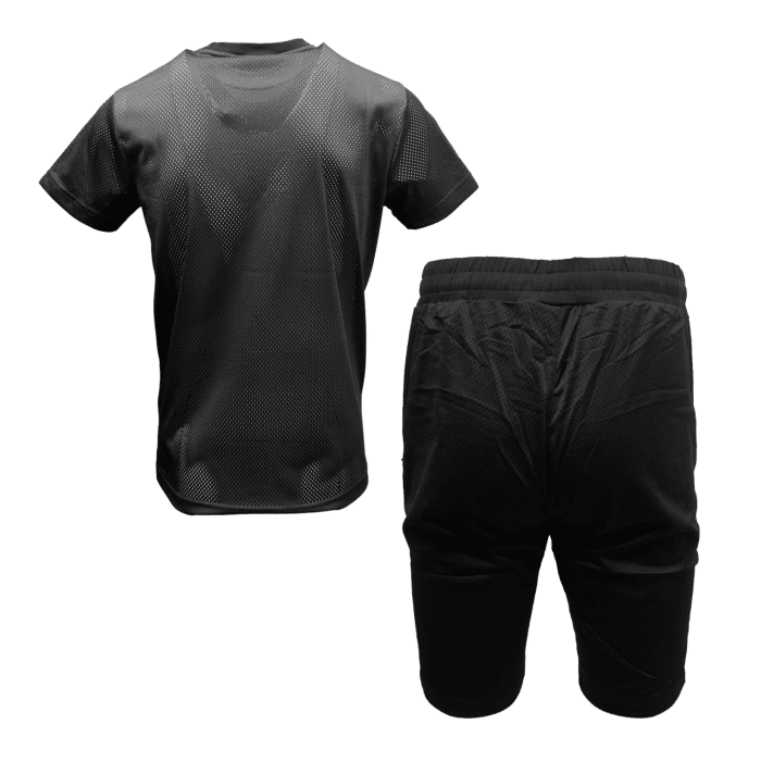 1052 2A | The Vialli Short Set in black, featuring the Izikkot T-Shirt and Izzikos Shorts, is the ultimate summer ensemble for those who value both style and comfort. Crafted from 100% polyester, the Izikkot T-Shirt offers a breathable, perforated design with studded detail for an edgy, modern look, while the Izzikos Shorts feature a drawstring for a custom fit, zip-up pockets for convenience, and perforation throughout to keep you cool. Perfect for warm weather, this set combines a sleek, fashionable appearance with practical features to keep you comfortable all day long.