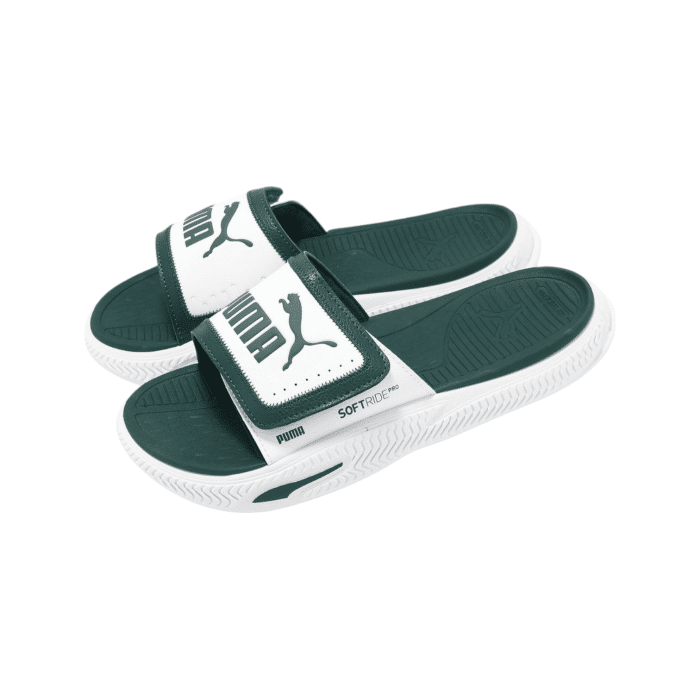 389 32A | The <em>Puma Softride Pro Slide 24 V White/Green</em> offers a blend of sleek style and luxurious comfort, featuring a clean white base accented by fresh green detailing that adds a modern, sporty look to any casual outfit. Built with Puma's Softride technology, these slides provide plush, contoured cushioning that supports your feet for all-day comfort, making them perfect for post-workout wear, lounging, or everyday errands. Designed with a durable, water-resistant construction and a secure strap, they deliver reliable traction and stability, allowing you to enjoy both style and practicality in every step.