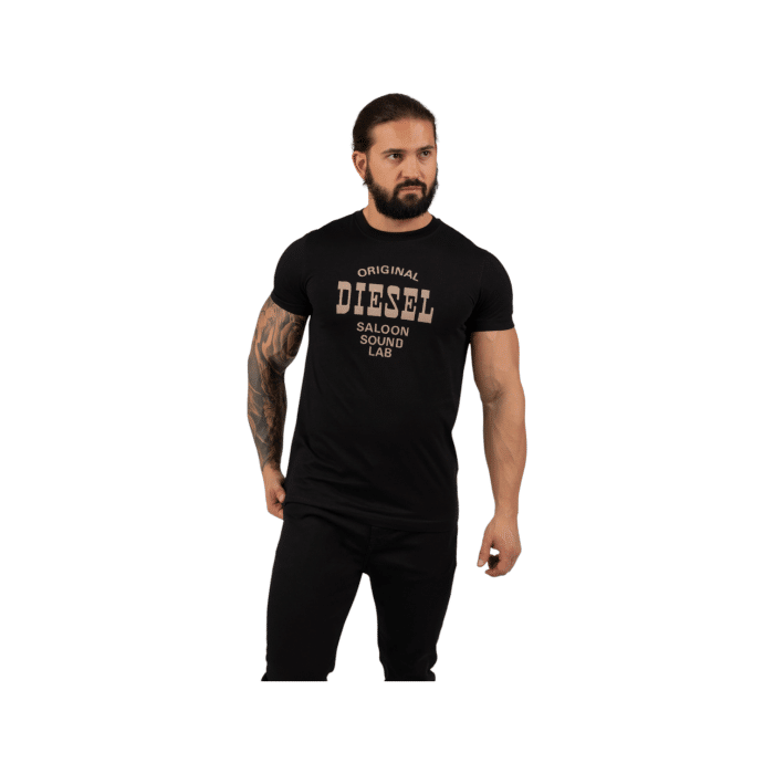 862 20B | <div class="value content value-regular"> <div class="product-description rte"> Diesel Diegor E12 T-Shirt in Black adds a retro-inspired look to the casualwear collection from Diesel for the new season and makes a great update to any wardrobe. Cut to a crew neck in a slim fit with short sleeves and featuring printed branding to the centre of the chest. </div> </div> <div> <h4 class="mb-1">Care instructions</h4> <div id="carePanel" class="care-instructions product-expand-block" role="region"> <div class="care-instruction"><img class="care-instruction-image lazyloaded" role="presentation" src="https://shop.diesel.com/on/demandware.static/-/Sites-diesel-master-catalog/default/dw52278460/care/12.svg" alt="" data-src="/on/demandware.static/-/Sites-diesel-master-catalog/default/dw52278460/care/12.svg" /><span class="care-instruction-text">Wash at 30° C - Delicate cycle</span></div> <div class="care-instruction"><img class="care-instruction-image lazyloaded" role="presentation" src="https://shop.diesel.com/on/demandware.static/-/Sites-diesel-master-catalog/default/dwd2d15284/care/17.svg" alt="" data-src="/on/demandware.static/-/Sites-diesel-master-catalog/default/dwd2d15284/care/17.svg" /><span class="care-instruction-text">Do not bleach</span></div> <div class="care-instruction"><img class="care-instruction-image lazyloaded" role="presentation" src="https://shop.diesel.com/on/demandware.static/-/Sites-diesel-master-catalog/default/dw8d02c590/care/28.svg" alt="" data-src="/on/demandware.static/-/Sites-diesel-master-catalog/default/dw8d02c590/care/28.svg" /><span class="care-instruction-text">Do not tumble dry</span></div> <div class="care-instruction"><img class="care-instruction-image lazyloaded" role="presentation" src="https://shop.diesel.com/on/demandware.static/-/Sites-diesel-master-catalog/default/dw31cff9ee/care/31.svg" alt="" data-src="/on/demandware.static/-/Sites-diesel-master-catalog/default/dw31cff9ee/care/31.svg" /><span class="care-instruction-text">Iron at max 110 °C</span></div> <div class="care-instruction"><img class="care-instruction-image lazyloaded" role="presentation" src="https://shop.diesel.com/on/demandware.static/-/Sites-diesel-master-catalog/default/dwe4155b76/care/37.svg" alt="" data-src="/on/demandware.static/-/Sites-diesel-master-catalog/default/dwe4155b76/care/37.svg" /><span class="care-instruction-text">Do not dry clean</span></div> <div class="care-instruction"><img class="care-instruction-image lazyloaded" role="presentation" src="https://shop.diesel.com/on/demandware.static/-/Sites-diesel-master-catalog/default/dw001b2ef4/care/24.svg" alt="" data-src="/on/demandware.static/-/Sites-diesel-master-catalog/default/dw001b2ef4/care/24.svg" /><span class="care-instruction-text">Dry flat in the shade</span></div> </div> </div>