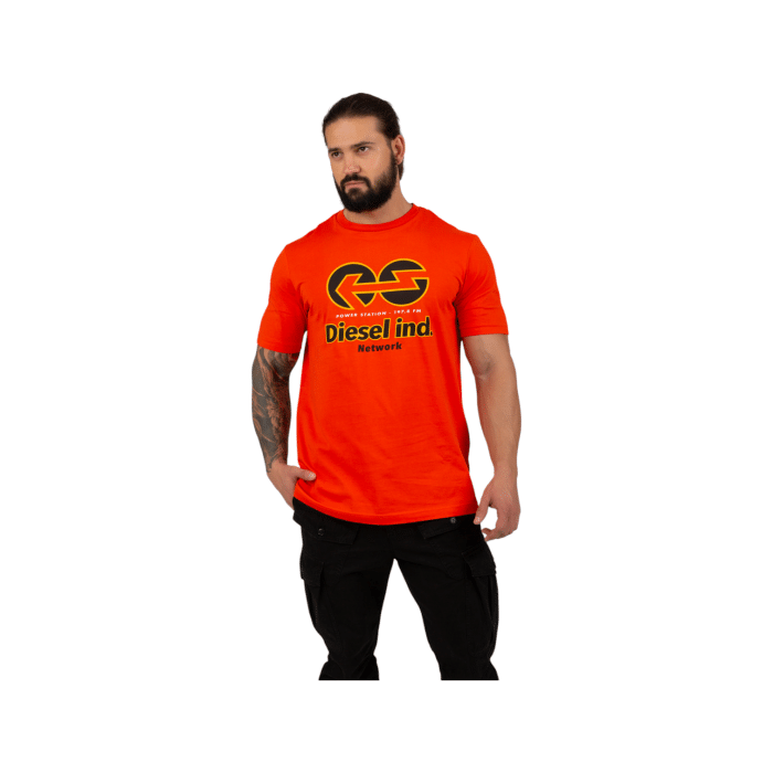 862 7A | Elevate your style with the Diesel Shirt T-Just E18 in bold orange, featuring a vibrant color and striking Diesel Ind. Network graphic print. Made from premium 100% cotton, this shirt combines all-day comfort with an edgy, fashion-forward design. Perfect for casual outings or layered looks, it’s a must-have for those who embrace bold, statement-making fashion.