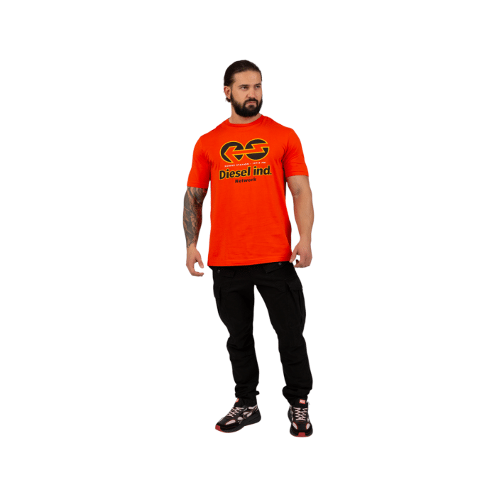 862 7D | Elevate your style with the Diesel Shirt T-Just E18 in bold orange, featuring a vibrant color and striking Diesel Ind. Network graphic print. Made from premium 100% cotton, this shirt combines all-day comfort with an edgy, fashion-forward design. Perfect for casual outings or layered looks, it’s a must-have for those who embrace bold, statement-making fashion.