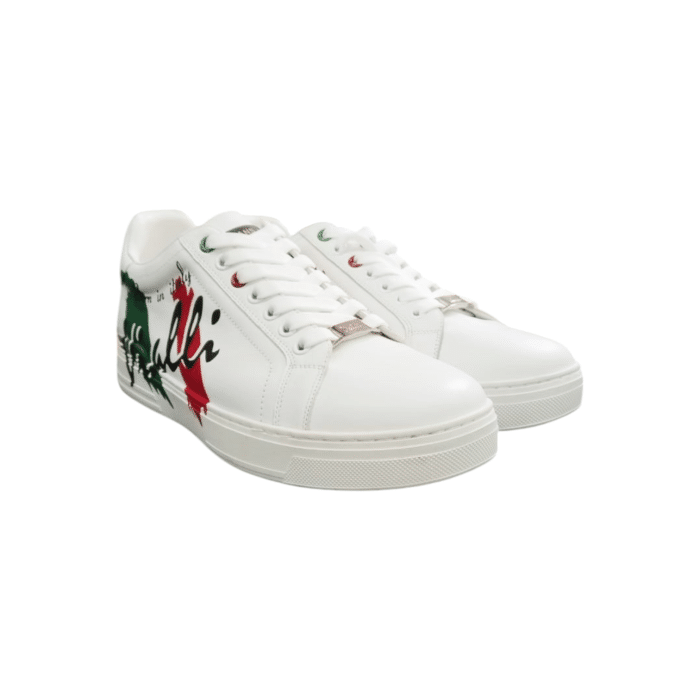 988 2B | The Vialli Shoes Bravincio in white combines premium leather craftsmanship with bold Italian-inspired design, making it both stylish and versatile. Featuring a sleek white base, hand-painted flag motifs, and metallic silver accents, this sneaker blends elegance with artistic flair. Perfect for casual or semi-formal occasions, it offers superior comfort, durability, and a timeless appeal.