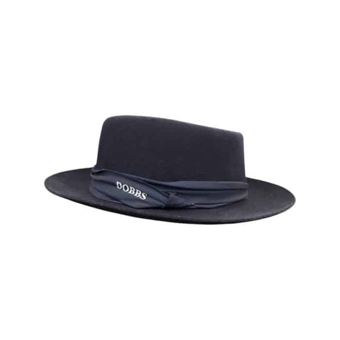 750 7B | The Dobbs Hat Frank Felt Navy is a premium fedora crafted from high-quality felt, featuring a rich navy color that adds a sophisticated edge to any outfit. Its timeless design, with a pinch-front crown, structured brim, and a refined ribbon band, blends classic elegance with modern versatility, making it ideal for both formal occasions and casual outings. Designed for all-day comfort, it includes a soft interior sweatband and lightweight construction, ensuring it remains as practical as it is stylish.