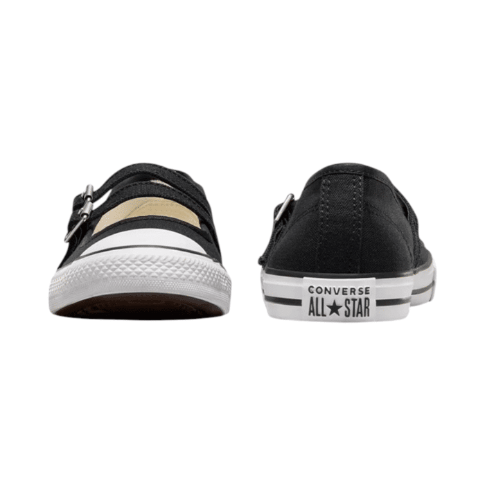 125 42C | The Converse CTAS Dainty Mary Jane Slip - Black blends timeless Mary Jane elegance with iconic Converse style. Featuring a sleek black canvas upper, dual adjustable straps, and a signature rubber toe cap, this lightweight slip-on offers both style and comfort. With a low-profile design, vulcanized sole for superior grip, and versatile appeal, it's perfect for everyday wear, whether paired with dresses or jeans. Comfortable, chic, and easy to wear, this shoe is a must-have for effortless, all-day style.