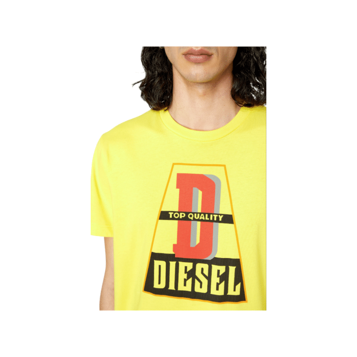 862 54 B | The Diesel T-Shirt T-Diegor K61 Yellow is a bold and stylish piece that combines modern design with exceptional comfort, featuring a slim-fit silhouette and a ribbed crew neck for a sleek yet relaxed look. Made from 100% soft cotton, this vibrant yellow t-shirt offers breathable comfort and long-lasting durability, with fabric that resists fading and retains its brightness after repeated washes. Perfect for making a statement, it pairs effortlessly with jeans, cargo pants, or chinos, making it a versatile staple for casual outings or edgy streetwear-inspired ensembles.