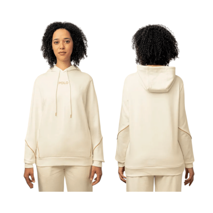 1003 7BB | The Polo Tracksuit Set Ladies Demi Off White combines sophistication and comfort with its premium cotton-polyester blend, offering a breathable, moisture-wicking fabric that keeps you cozy and stylish throughout the day. Designed with a flattering silhouette, the zippered jacket and adjustable drawstring pants provide a perfect fit, ensuring ease of movement whether you're lounging, running errands, or engaging in light workouts. With its elegant off-white hue and versatile design, this tracksuit effortlessly transitions from casual to chic, allowing you to mix and match pieces for a variety of fashionable looks.