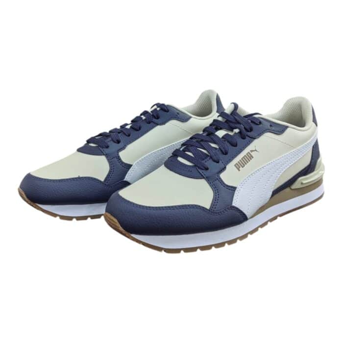 5 195 C | The Puma ST Runner V4 L in Desert Dust, White, Navy, and Taupe seamlessly blends classic running shoe aesthetics with modern comfort, featuring a sleek synthetic leather upper complemented by breathable mesh inserts for enhanced durability and ventilation. Its lightweight EVA midsole provides exceptional cushioning and shock absorption, ensuring all-day comfort, while the rubber outsole offers superior traction and stability on various surfaces, making it perfect for both casual wear and active lifestyles. Designed with a padded collar and tongue for a snug fit, this versatile sneaker effortlessly combines style and functionality, allowing you to move with confidence while maintaining a fresh, timeless look.